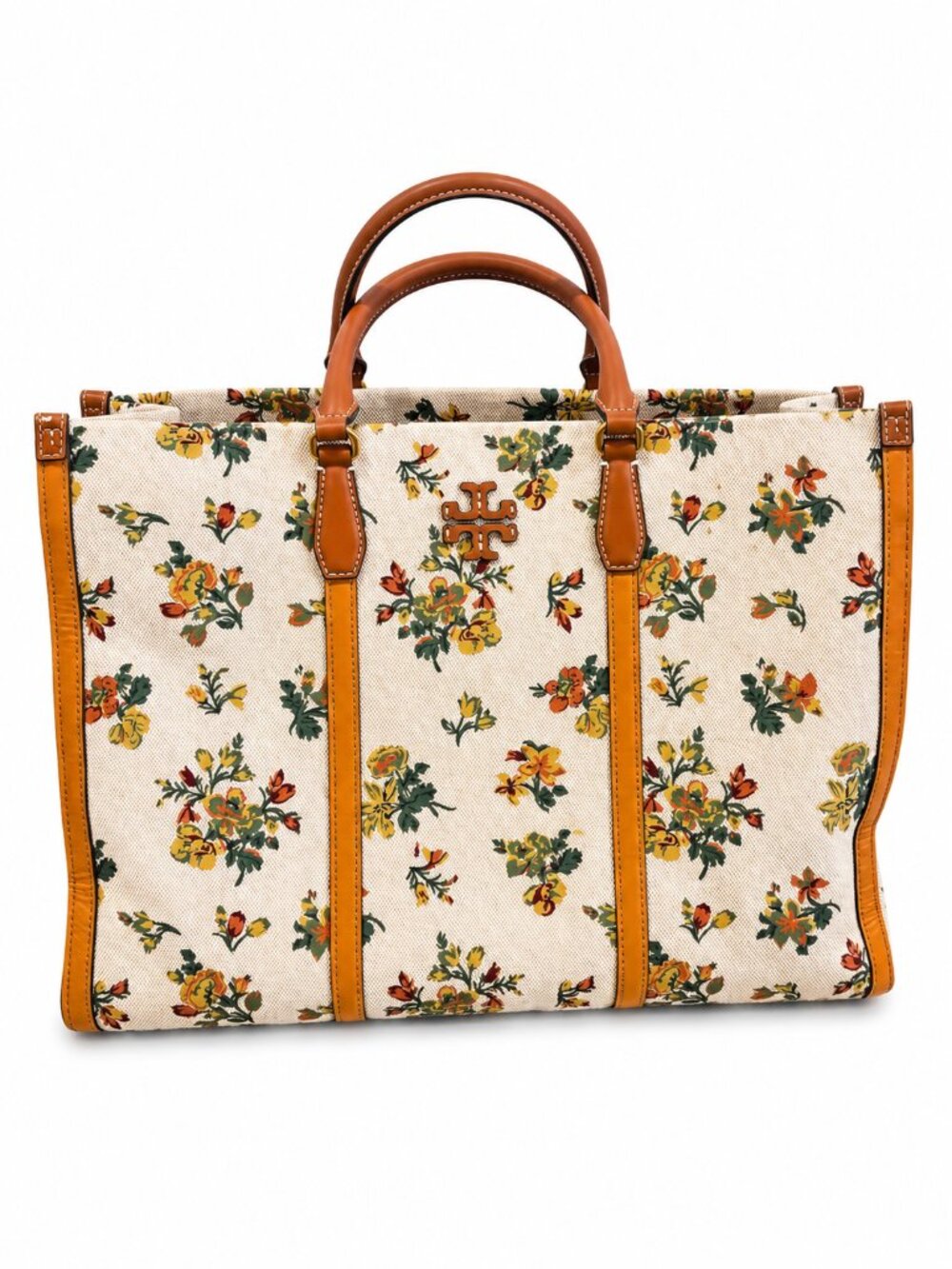Tory Burch Blake Canvas Jumbo Daisy Floral Cream Tan Shoulder Bag Tote Bag